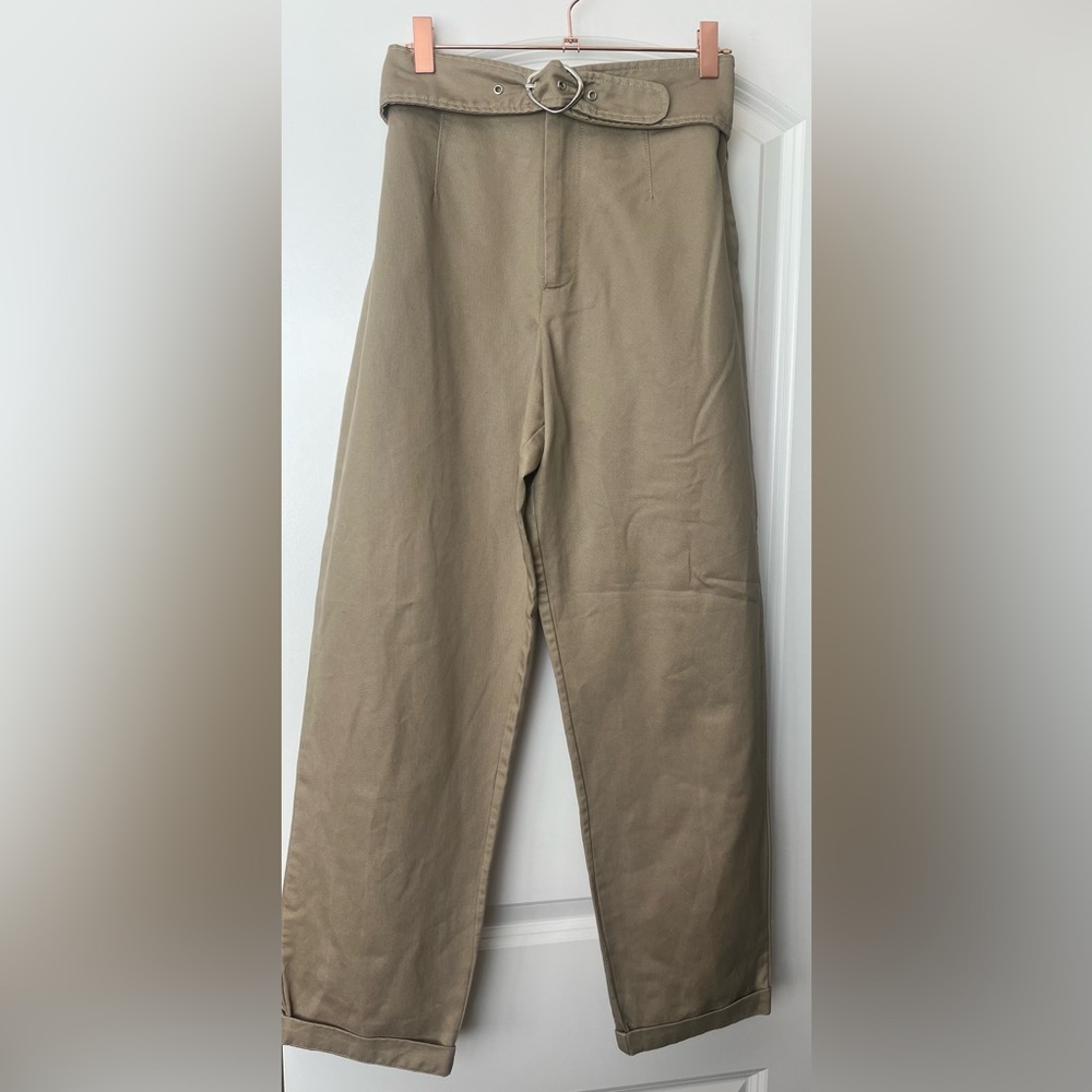 Zara Khaki Belted Flat Front Straight Leg Pant - trf collection